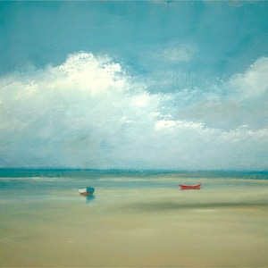May include: A painting of a seascape with two small boats in the water. The sky is a light blue with white clouds. The water is a light green and the sand is a light brown.