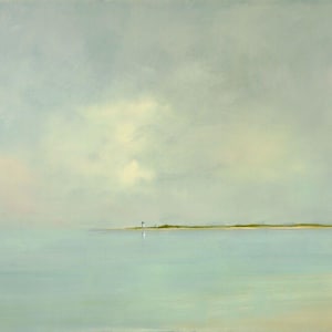 May include: A painting of a seascape with a light blue sky and a light blue ocean. The horizon is a thin line of green and brown land.
