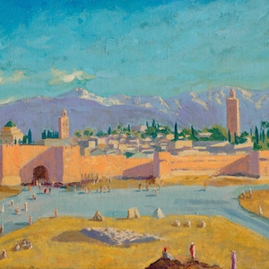 May include: A painting depicting a city scene with a tall tower, a walled city, and mountains in the background. The city is painted in shades of orange and brown, while the mountains are painted in shades of purple and blue. The sky is a bright blue with a few white clouds.