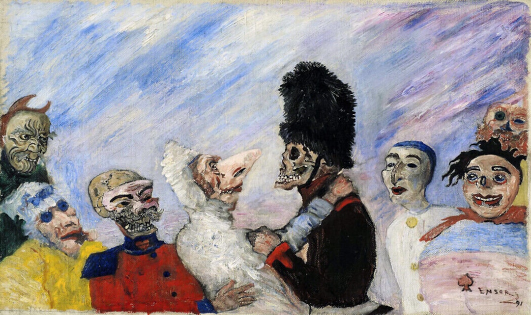 ジェームズ・アンソールのスケルトンマスクのアートプリント：鮮やかな