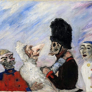 May include: A painting of a group of people wearing masks and costumes. The figures are in a whimsical setting with a blue and purple sky. The painting is by James Ensor, a Belgian artist.