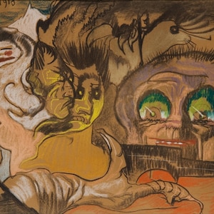 May include: A black and white abstract drawing with multiple faces and figures. The faces are distorted and have exaggerated features. The drawing is done in a style reminiscent of expressionism.