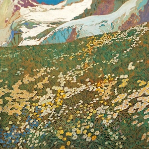 Puede incluir: Una pintura de un prado de montaña con una variedad de flores silvestres en tonos de amarillo, blanco y azul. El prado está en primer plano, con una montaña cubierta de nieve en el fondo.