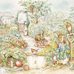 May include: A watercolor illustration of a garden scene with a rabbit eating a carrot, a robin perched on a shovel, and a group of mice in the grass. There are also a duck, a squirrel, and a house in the background.