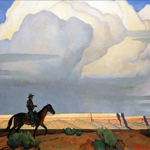 May include: A painting of a cowboy riding a brown horse across a desert landscape. The sky is filled with large, fluffy clouds. The painting is done in a realistic style.