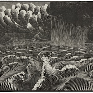 以下が含まれることがあります： 波が砕け、雨が降る暗い空と嵐の海を描いた白黒の木版画。右上に「12-25 FEB GEN.1:6-8」の文字があります。