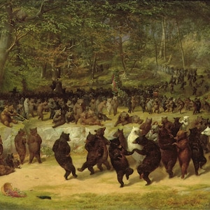 Puede incluir: Una pintura que representa a un gran grupo de osos bailando en un claro del bosque. Los osos llevan varios disfraces y se toman de la mano mientras bailan en círculo. Hay árboles y arbustos en el fondo, y el cielo es de un color azul claro.