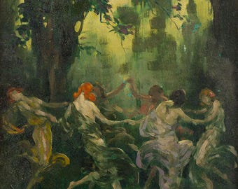 Women Dancing in a Circle – Warren B. Davis | Art Nouveau Figurative Print – Vintage Goddess Scene