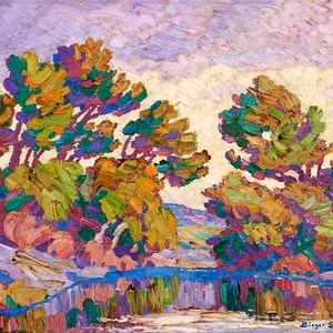 Principios de otoño, Río Humeante de Birger Sandzén: Impresión artística de un audaz paisaje otoñal, decoración impresionista americana vintage