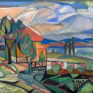 May include: A cubist painting of a landscape with a house, trees, and a lake. The painting is done in a variety of colors, including green, blue, orange, and brown.
