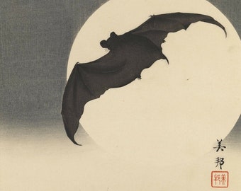 Vintage Japanese Woodblock Art Print: Bat in Moon - Biho Takashi