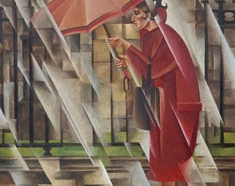 Vintage Irish Art Print: Girl in Rain, Moody Wall Decor