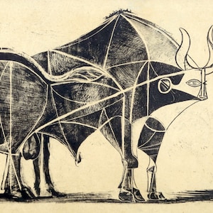 Le Taureau de Pablo Picasso - Impression de croquis de taureau abstrait - Art mural animalier minimaliste moderne - Dessin au trait cubiste déco