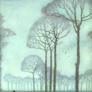 Hilera de árboles – Jan Mankes / Impresión de paisaje minimalista holandés – Escena de bosque monocromática tranquila