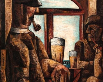 May include: A painting of three men sitting at a table in a bar. The man on the left is wearing a brown hat and has a pipe in his mouth. The man in the middle is holding a glass of beer. The man on the right is wearing a brown hat and has a cigarette in his mouth.