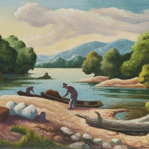 May include: A painting of a river scene with two figures in a boat on the water. The river is surrounded by trees and hills. The sky is blue with white clouds. The painting is done in a realistic style.