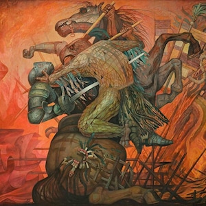 Könnte beinhalten: Ein Gemälde, das eine Kampfszene mit einer grünen, geflügelten Figur auf einem Pferd zeigt, die gegen einen Ritter in Rüstung kämpft. Die Szene spielt vor einem feurigen orangefarbenen Hintergrund mit anderen Figuren und Pferden im Hintergrund.