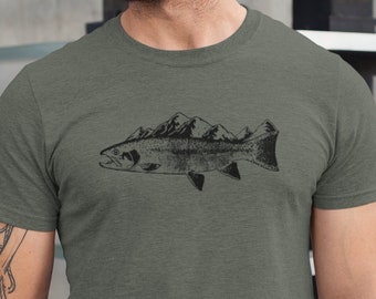 Tee-shirt classique à la truite, chemise poisson et montagne, chemise de pêche pour hommes, t-shirt poisson, chemise de pêcheur, chemise fly soupiring, chemise à truite arc-en-ciel