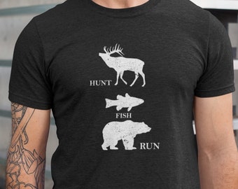 Hunt Fish Run Unisex T-shirt met korte mouwen, Fishing Tee, Bear T-shirt, Camping Tshirt, Wandelshirt voor mannen, geweldig cadeau voor hem