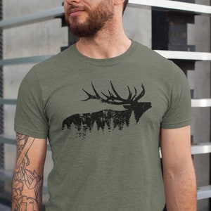 Elk Shirt, Elk Tee, Unisex T-shirt, Elk and Forest, Outdoors Tee, Wilderness Tee, Hunting Tee, Gift for him, Hunter Gift, Elk and trees tee