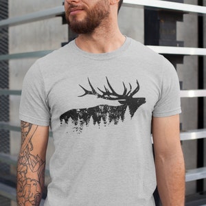 Elk Shirt, Elk Tee, Unisex T-shirt, Elk and Forest, Outdoors Tee, Wilderness Tee, Hunting Tee, Gift for him