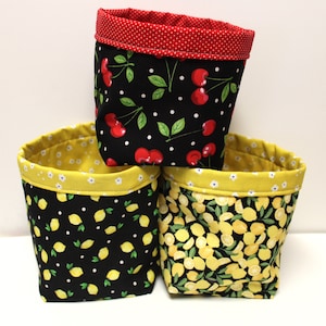 Cherry & Lemon Fruit Fabric Baskets, Storage container, Home Decor, Reversible Basket