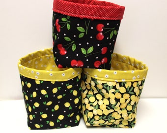 Cherry & Lemon Fruit Fabric Baskets, Storage container, Home Decor, Reversible Basket