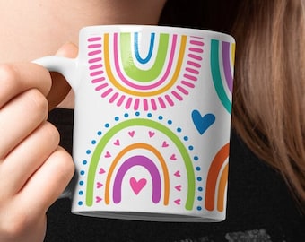Hand-Drawn Rainbows Ceramic Mug | 11oz Spring Time & Easter Coffee Lover Gift| Happy Rainbow Mug| Girl's Gift Mug, Coffee Lover Mug