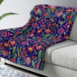 Sherpa Fleece Blanket, Hygge Floral Garden Lap Throw, Scandinavian Birds & Flowers Cozy Blanket, Swedish-Inspired Home Decor Accent, Soft