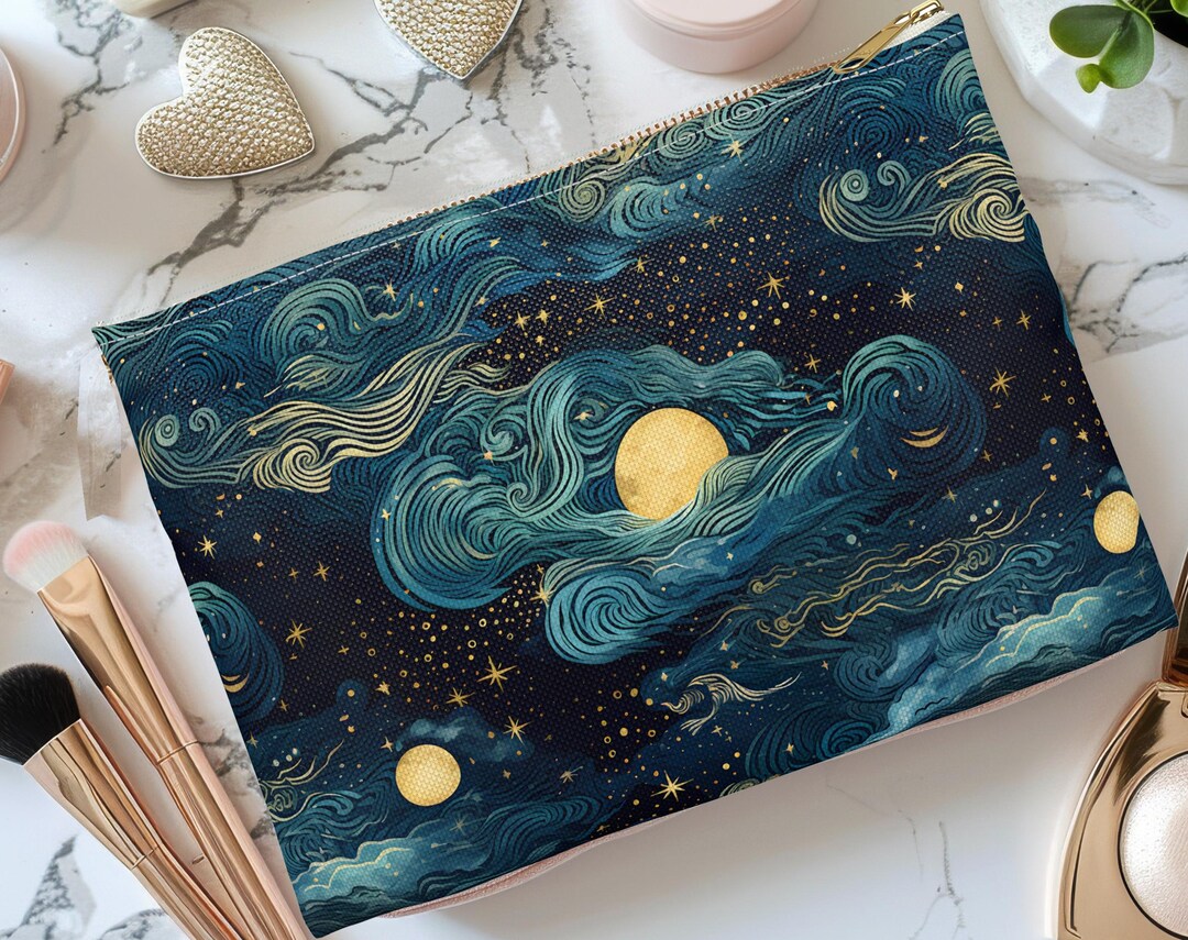 Celestial Serene Night Sky Accessory Pouch - Moon and Stars Design ...