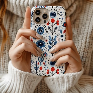 Hygge Scandinavian Design Phone Case | Tough Cases with Swedish Flowers | Protective Phone Cover | Red, White, and Blue Floral Phone Cover