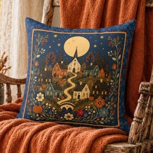 Coussin « Village au clair de lune » d'inspiration nordique | Décoration chalet d'automne