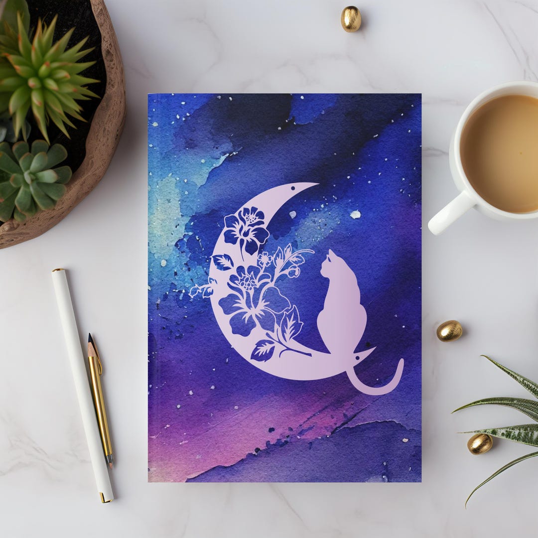 Celestial Kitty Hardcover Journal Matte, Night Sky Cat Notebook, Moon ...