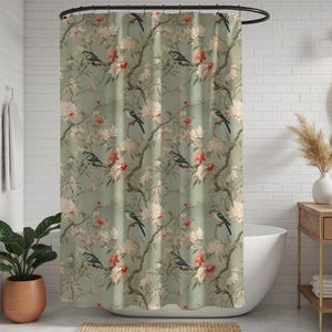 Asian Birds and Florals Toile Shower Curtain - Elegant Bathroom Decor, Asian Inspired Home Goods, Nature Lover Gift, Botanical Bathroom Art,