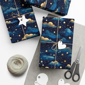 Night Sky Gift Wrap: Eco-Friendly Celestial Stars & Moon