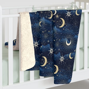 Celestial Sherpa Fleece Blanket Night Sky, Sun, Moon, and Galaxy Design Sun and Moon Blanket Galaxy Blanket Esoteric Celestial Blanket imagem 8