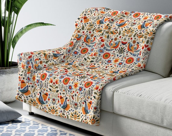 Nordic Birds Sherpa Fleece Blanket: Scandinavian Floral Throw