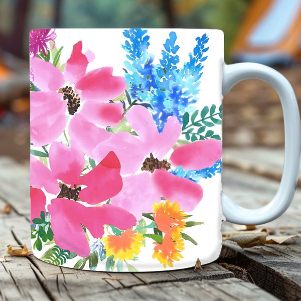 Floral Watercolor Bouquet Coffee Mug 11 oz| Vibrant Garden Flowers Mug | Watercolor Floral Bouquet Mug  | Garden Floral Coffee Mug Gift