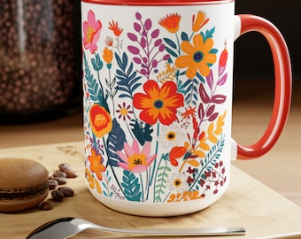 Vibrant Two-Tone Wildflowers Spring Time Coffee Mug - 15oz |Floral Mug for Coffee Lovers |Vibes of Wildflowers Gift Mug | Blooms Flowers Mug