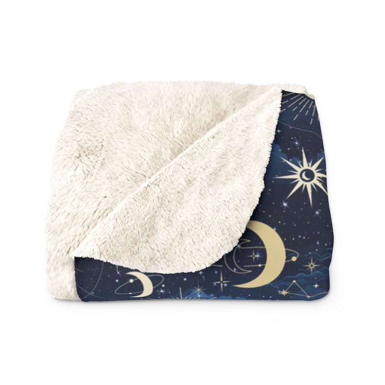 Celestial Sherpa Fleece Blanket Night Sky, Sun, Moon, and Galaxy Design Sun and Moon Blanket Galaxy Blanket Esoteric Celestial Blanket imagem 3