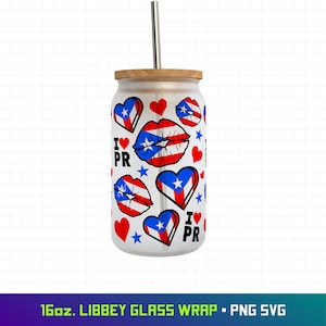 May include: A 16oz. clear glass tumbler with a wood lid and a straw. The tumbler is decorated with a pattern of red, white, and blue hearts, lips, and stars. The text "I love PR" is repeated on the tumbler.