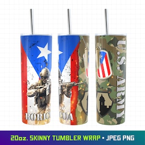 Copo de Porto Rico, envoltório de copo de 20 onças, copo do exército dos EUA, soldado porto-riquenho, bandeira de Porto Rico, veterano do exército, Boricua, Png para sublimação