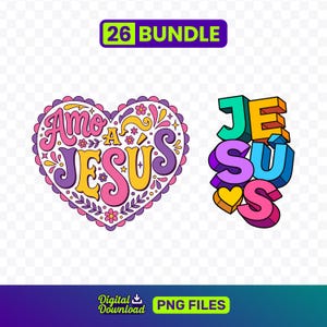 May include: A digital graphic bundle featuring two designs. One is a heart-shaped design with the words "Amo a Jesus" in pink, purple, and yellow. The other design spells "Jesus" in 3D block letters with a heart.