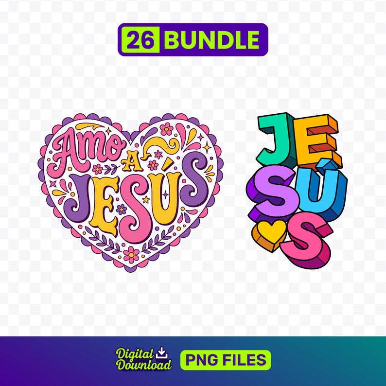 May include: A digital graphic bundle featuring two designs. One is a heart-shaped design with the words "Amo a Jesus" in pink, purple, and yellow. The other design spells "Jesus" in 3D block letters with a heart.