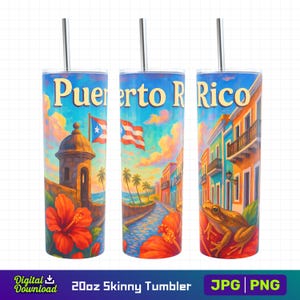 Portoryko Tumbler Wrap 20oz Skinny | Old San Juan La Garita El Morro | Coquí Frog Hibiscus Flowers | Sublimacja PR Flag PNG