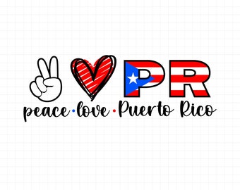 May include: Peace, love, and Puerto Rico graphic design with a peace sign, heart, and the letters PR with the Puerto Rican flag. The text "peace love Puerto Rico" is below the graphic.