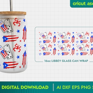 May include: A digital download design for a 16oz Libbey glass can wrap featuring a pattern of red, white, and blue Puerto Rican flags, dominoes, and the symbol "Om".
