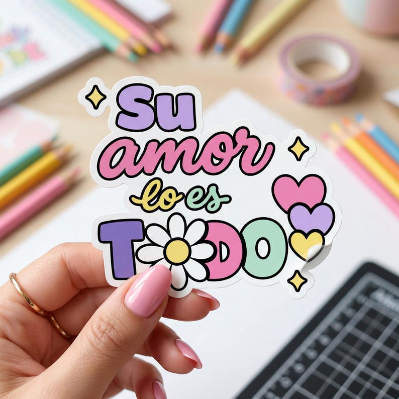 May include: A colorful sticker with the text "Su amor lo es TODO" in various colors, including purple, pink, and green. The design features a daisy and heart shapes. The sticker is held by a person with pink nail polish.
