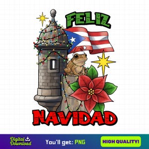Peut inclure: Illustration numérique d'une tour en pierre ornée de guirlandes lumineuses, d'une grenouille portant un bonnet de Père Noël et d'un poinsettia rouge. Le drapeau portoricain flotte au-dessus, avec les mots "FELIZ NAVIDAD".