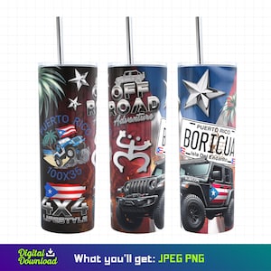 May include: Three 20 ounce stainless steel tumblers with a variety of designs. The first tumbler features a red, white, and blue design with the text "Puerto Rico" and "Boricua Isla Del Encanto". The second tumbler features a red, white, and blue design with the text "Off Road Adventure". The third tumbler features a red, white, and blue design with the text "100x35 4x4 Lifestyle".